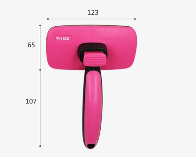 Rose red self-cleaning pet comb with stainless steel teeth and ergonomic handle for removing dog and cat hair