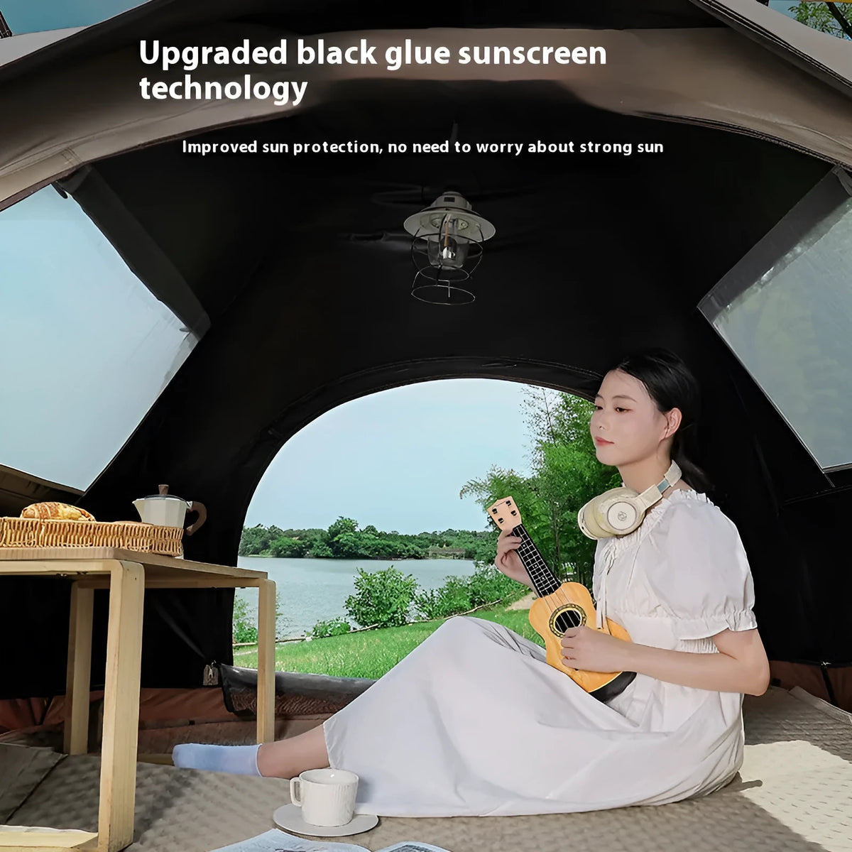 Outdoor portable full-automatic double camping tent with waterproof silver glue fabric, one door and one window