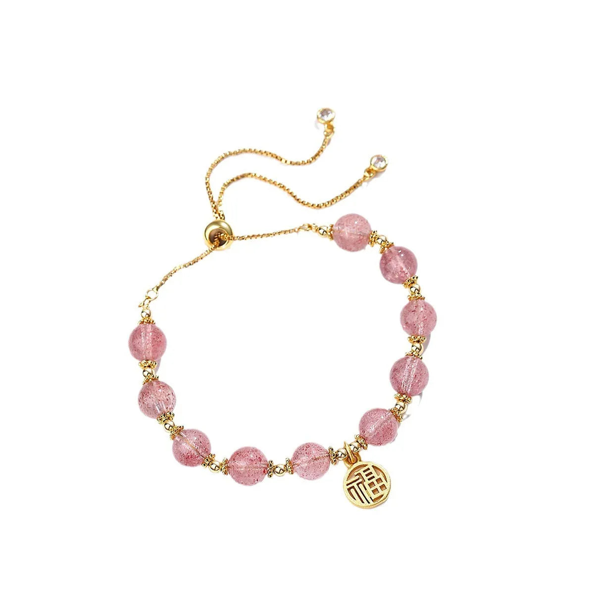 Women's strawberry quartz crystal bracelet with electroplated fu character charm and geometric design