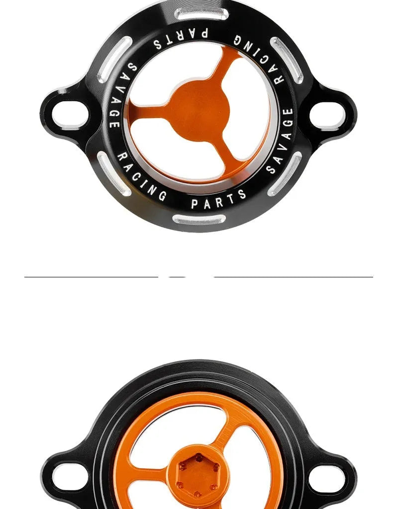 Aluminium alloy transparent oil filter cover for KTM DUKE motorcycles on a workbench