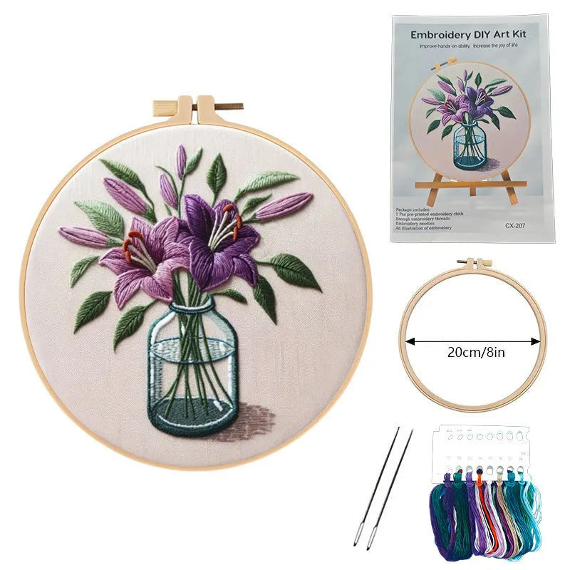 Purple lily flower embroidery on 28x28cm cotton linen cloth with 20cm imitation bamboo frame stand