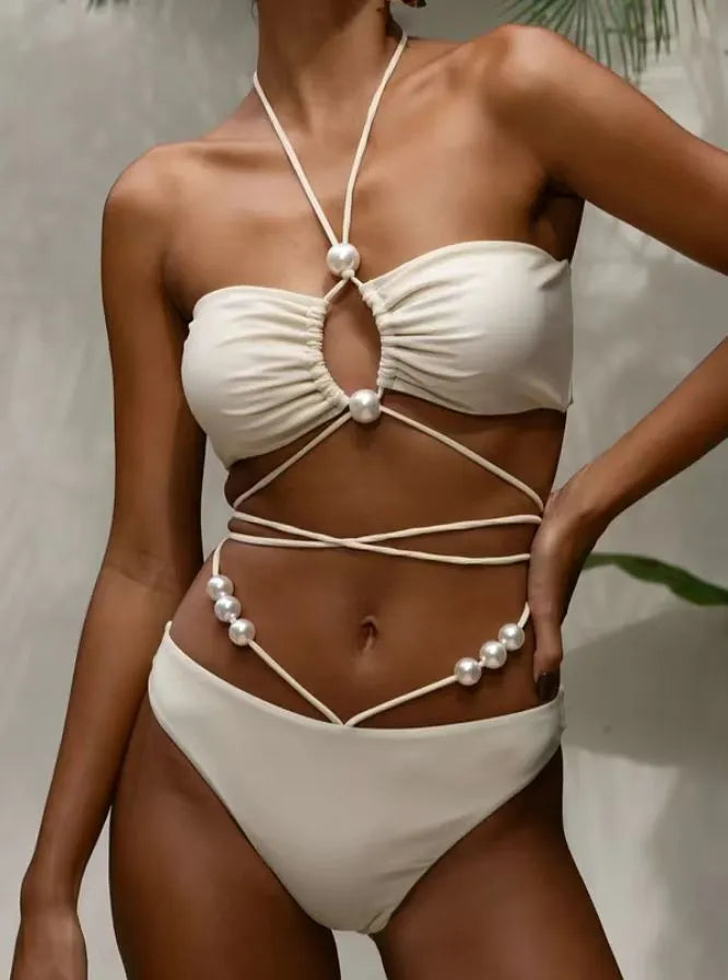 Women's black lace-up front bikini swimsuit with separate bra and shorts
