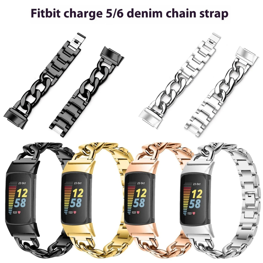 Metal replacement strap for Fitbit Charge 6 smart watch with snap button closure in silver finish