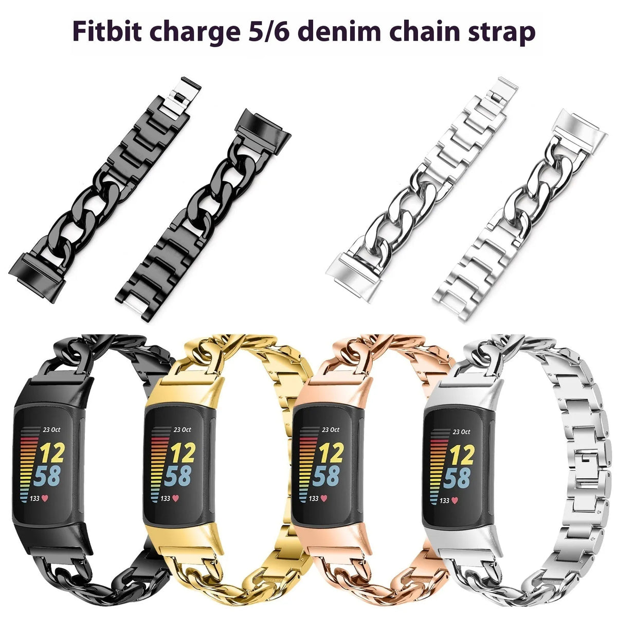 Metal replacement strap for Fitbit Charge 6 smart watch with snap button closure in silver finish