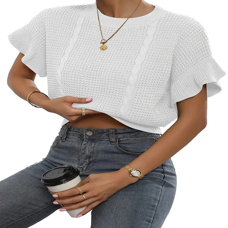 Twisted string 3D pattern knitted pullover sweater with ruffled short sleeves in loose Japanese-Korean style