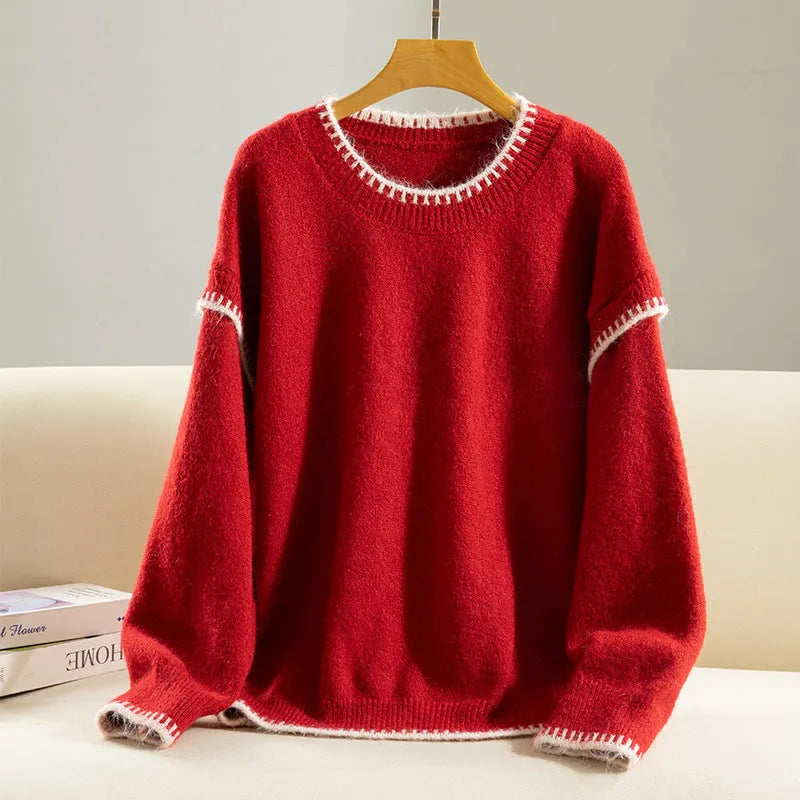 Women's acrylic pullover sweater with ruffle sleeves in red colour, collage patchwork design, one size