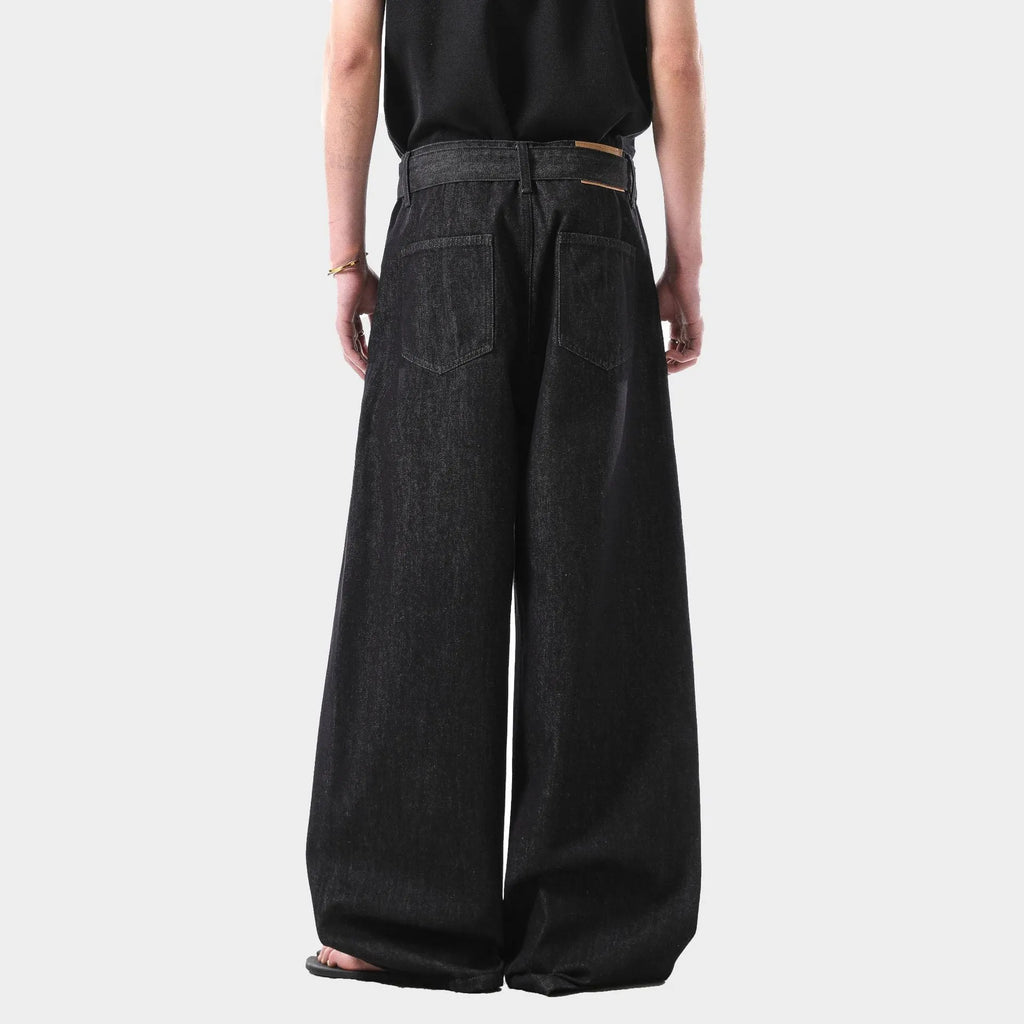 Black high waist straight leg jeans with gold stitching in American retro style