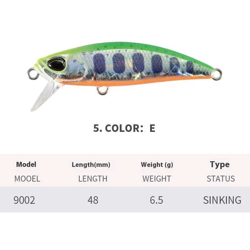 Japanese submerged minnow fishing lure in assorted colours, 48mm long.
