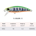 Japanese submerged minnow fishing lure in assorted colours, 48mm long.