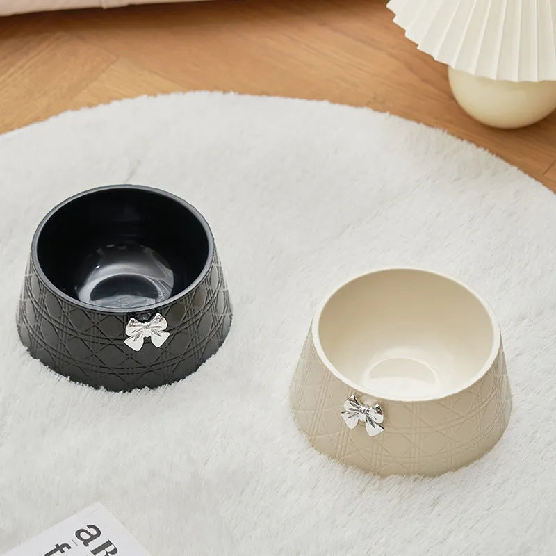 Diamond pattern pet feeding bowl with bowknot design in multiple colour options