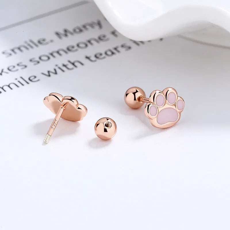 925 sterling silver cat's paw geometric stud earrings with rose gold electroplated colour, earplug style