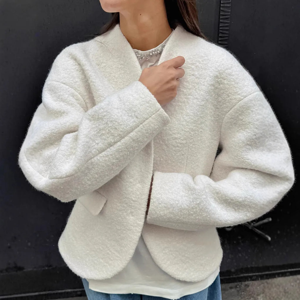 Women's thick woolen coat solid white with raglan sleeves loose fit commuting style 100% polyester
