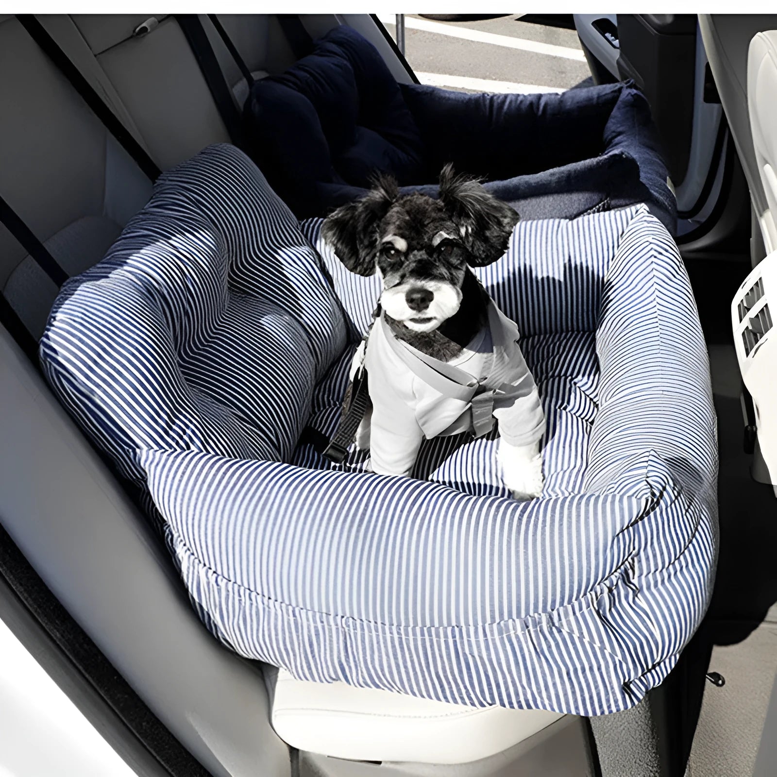 Canvas pet car seat cushion in striped pattern, set on a car seat with raised sides