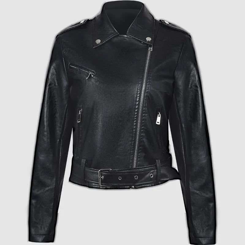 Women's black PU leather motorbike jacket with a lapel collar and waist belt.