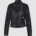 Women's black PU leather motorbike jacket with a lapel collar and waist belt.