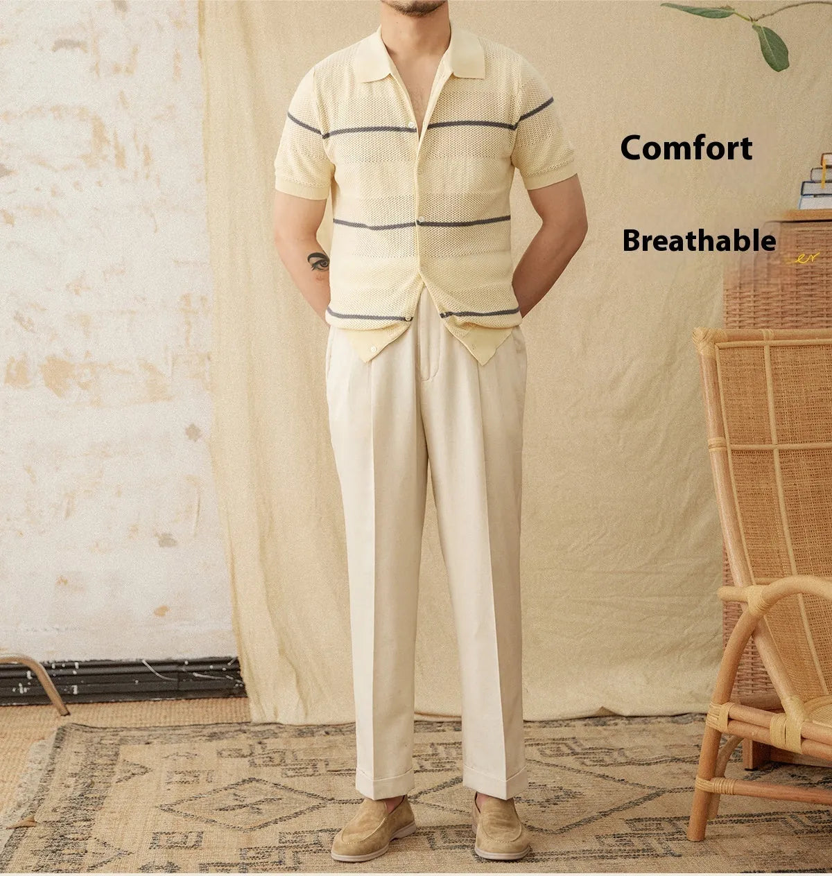Men's camel coloured short sleeve knitted cardigan with a lapel collar on a hanger.