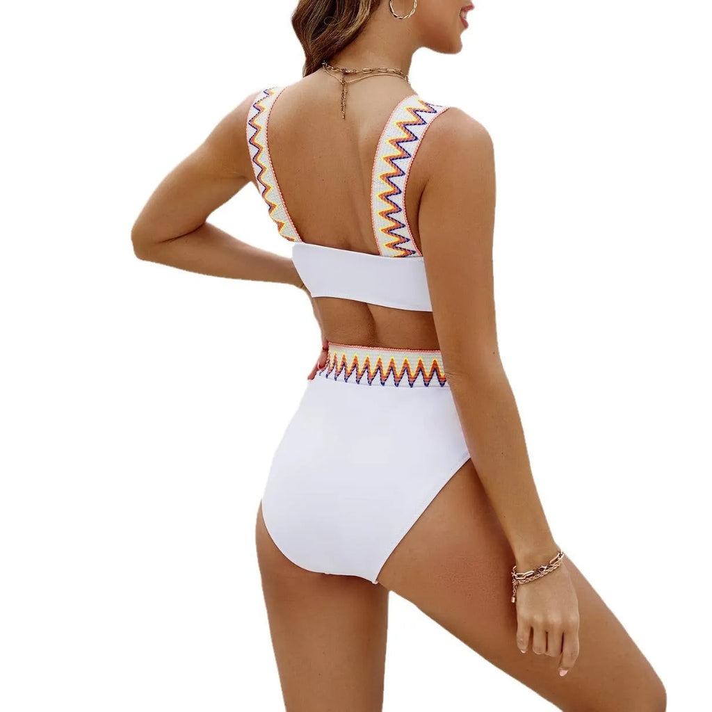 Black women's lace-up two-piece swimsuit with high-waist briefs and backless design