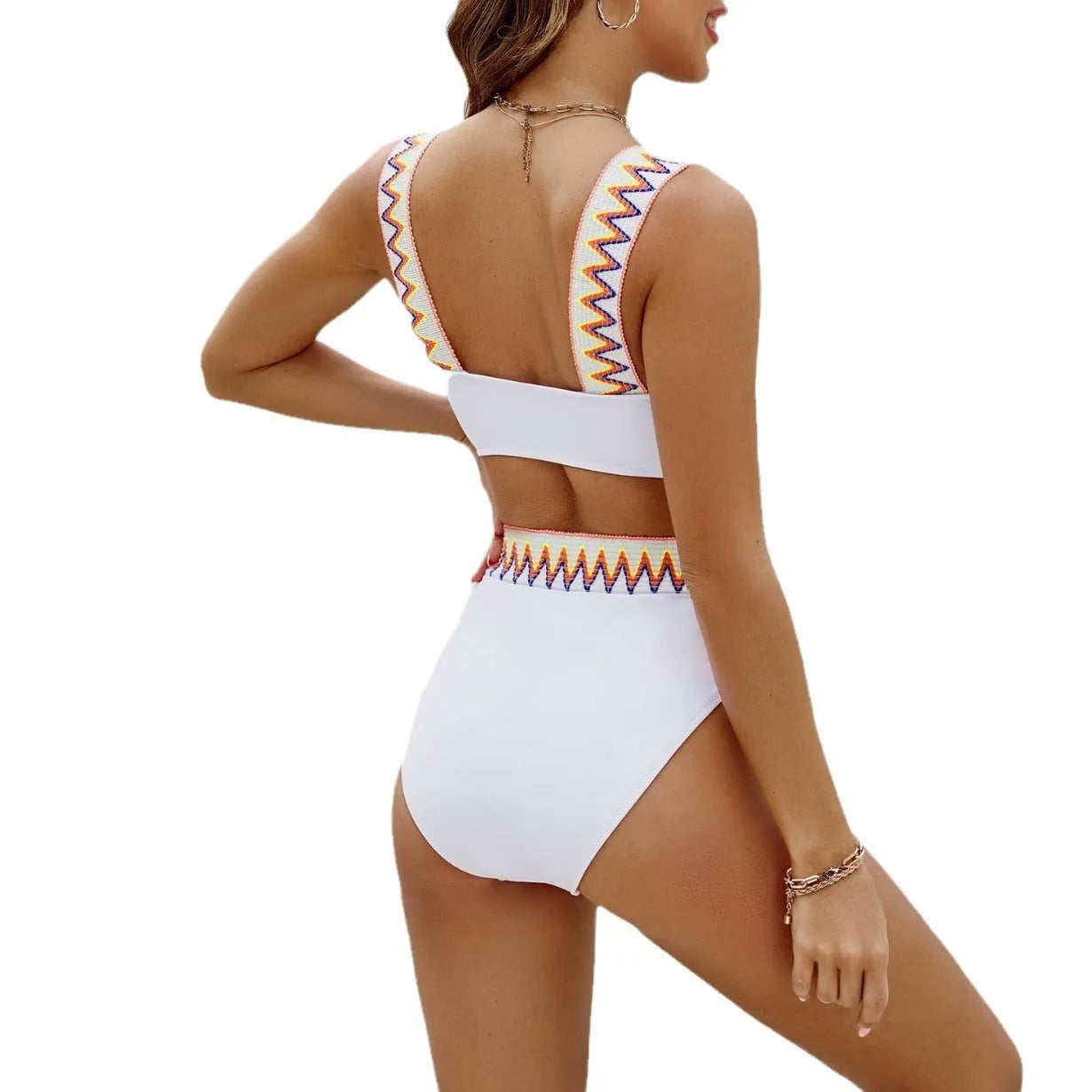 Black women's lace-up two-piece swimsuit with high-waist briefs and backless design