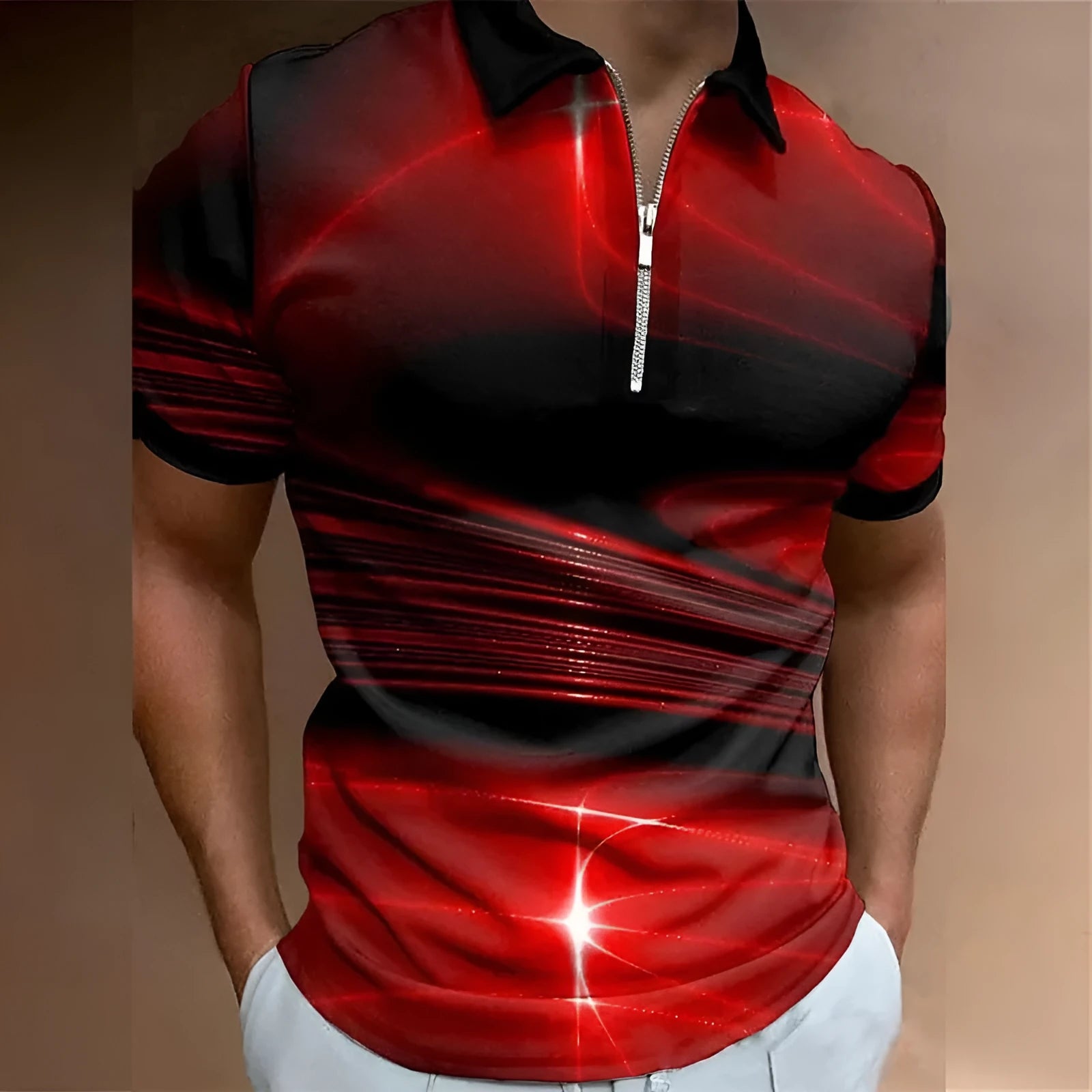 Men's blue lapel collar zipper polo shirt with short sleeves and printed design in bird eye polyester fabric
