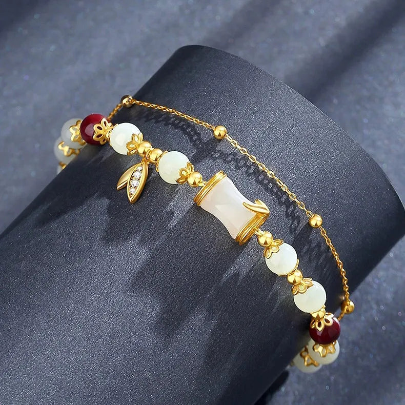 Retro bamboo pattern bracelet with floral glass beads in electroplated finish