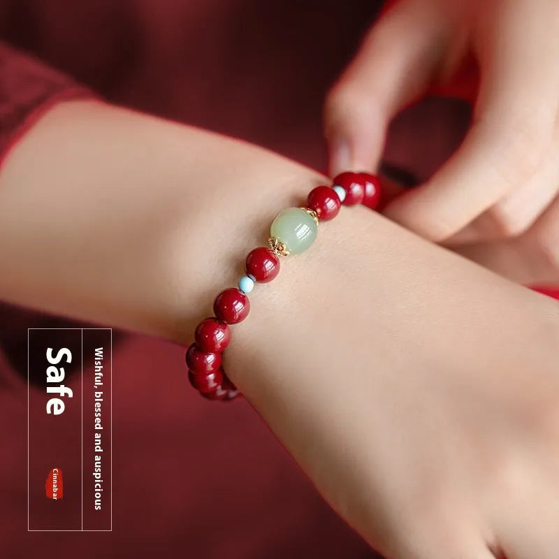 Geometric cinnabar Hetian jade bead bracelet with elliptical purple gold sand beads and coated metal details