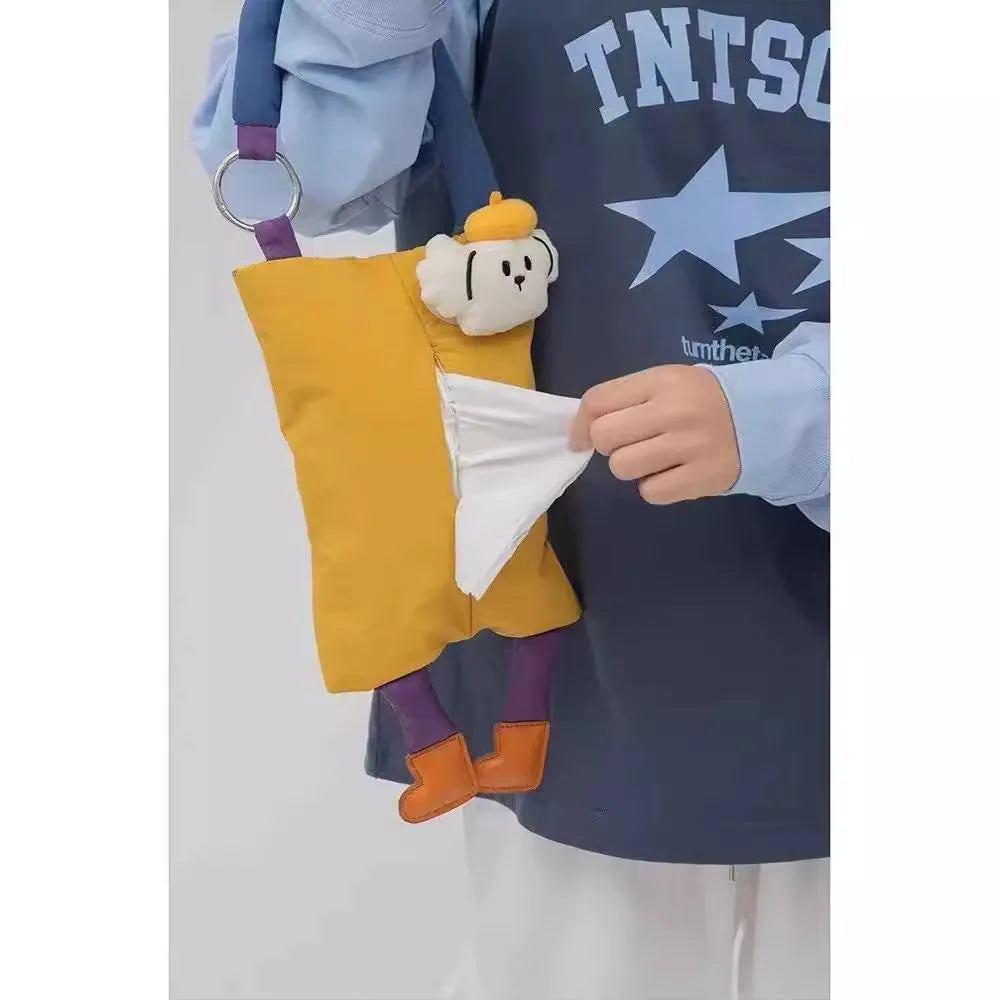 Hanging plush car tissue buggy bag in 25x19cm size with hat dog and baby crocodile colour options
