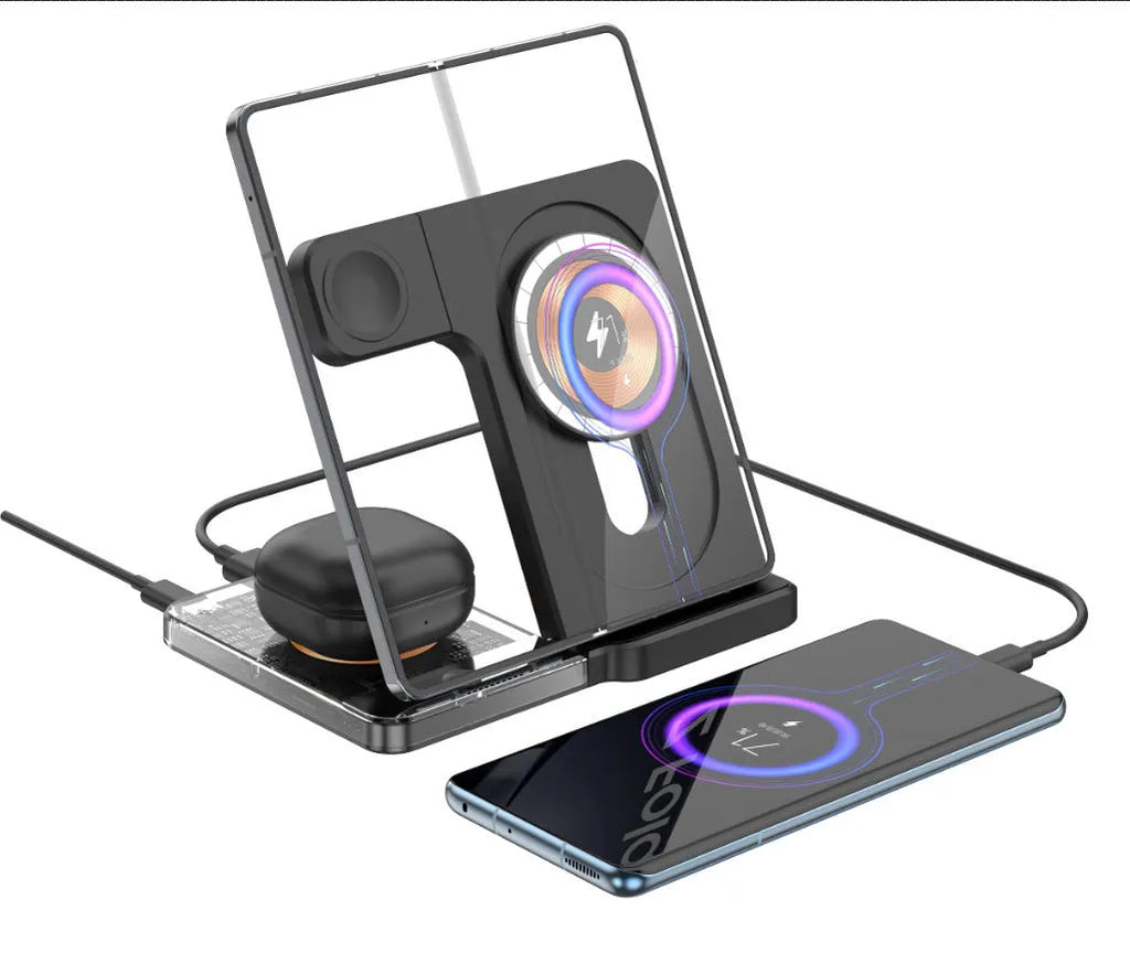 Foldable black wireless charging stand showing magnetic phone charging, Apple Watch charging, and night light function