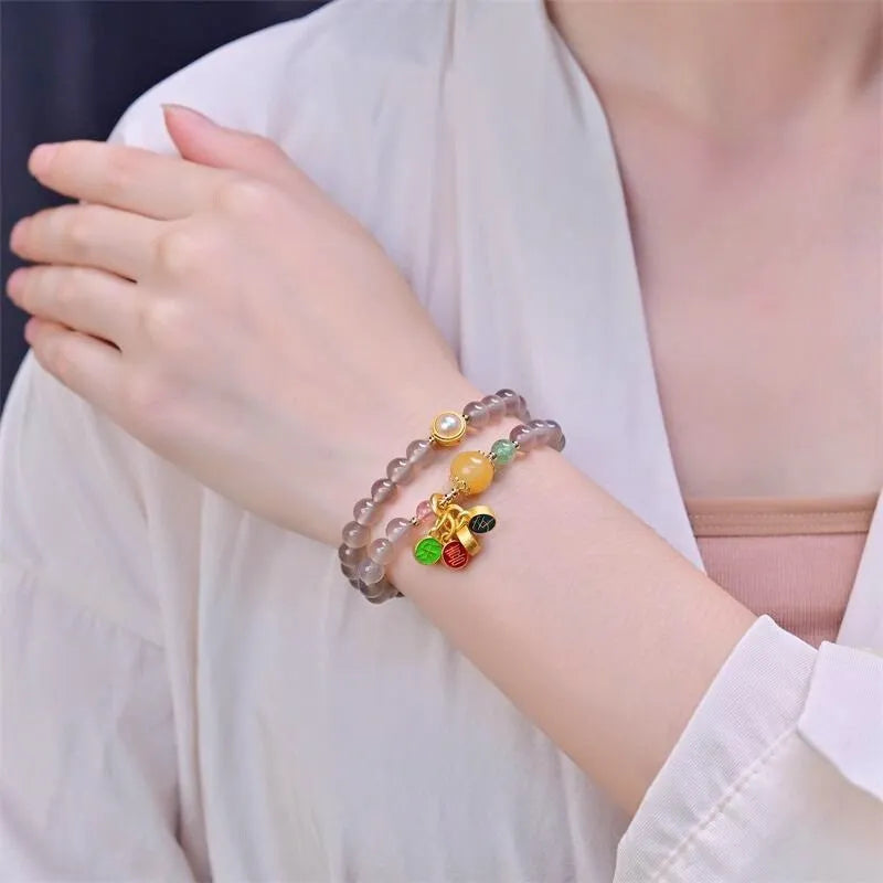 Handmade natural gray agate women's bracelet with two-circle retro design and safe happy charm