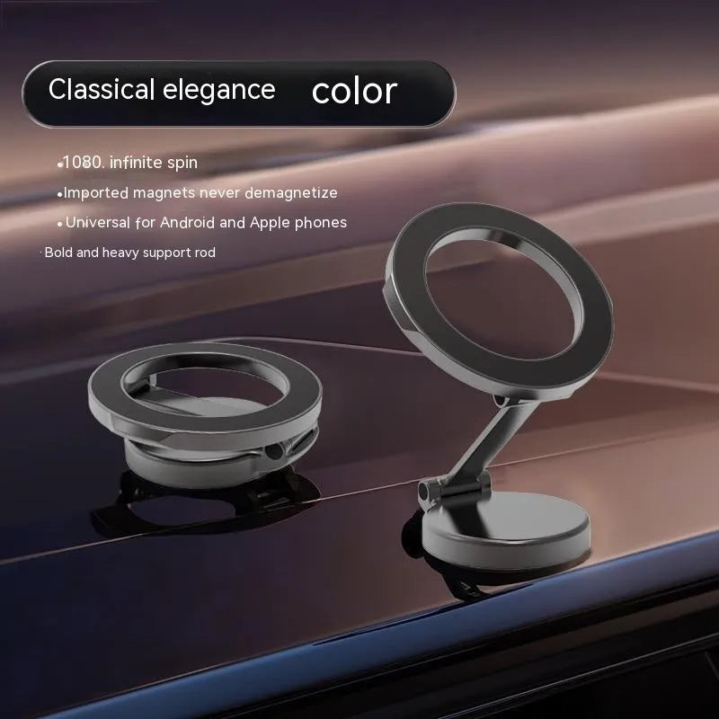 All-metal magnetic car phone mount in Qian colour, shown folded and unfolded on a car dashboard.