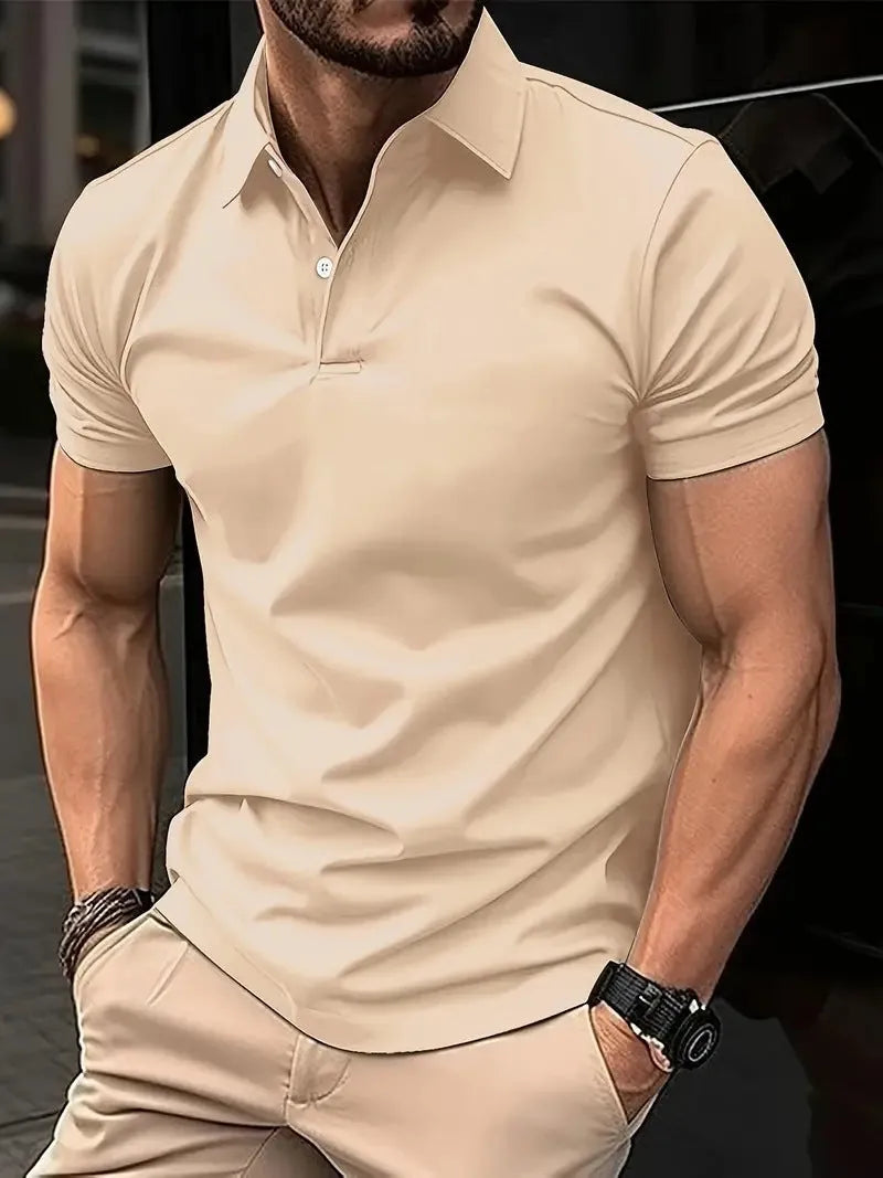 Slim fit casual short sleeve button-up shirt in a solid colour on a hanger.