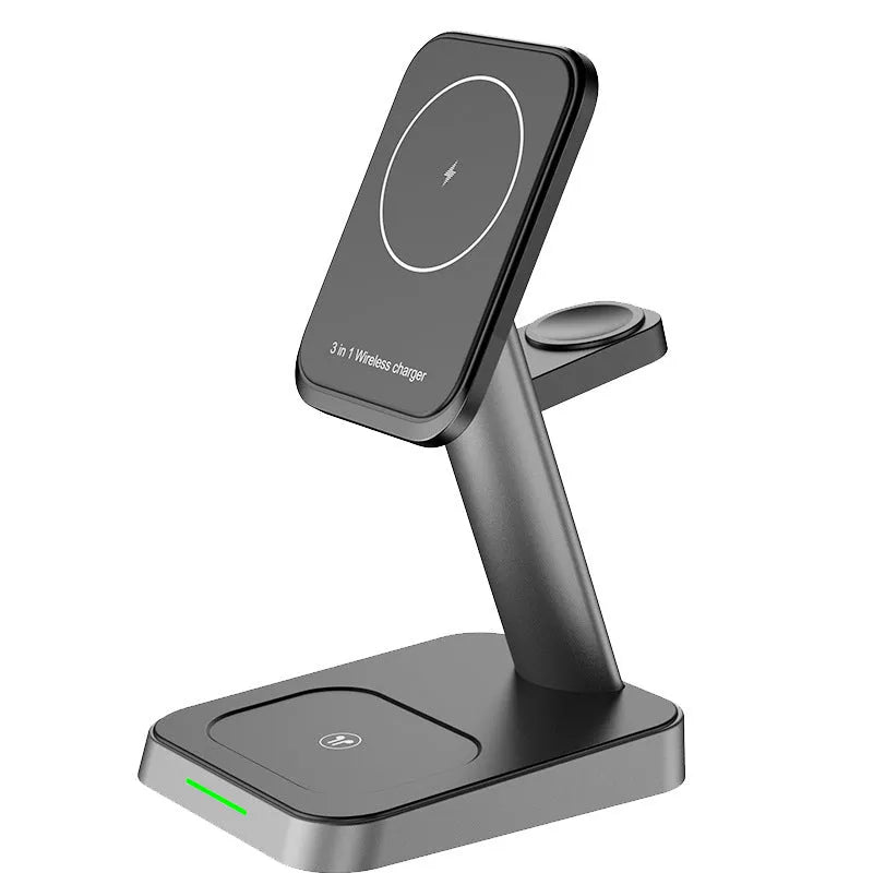 Black cube wireless charging station with vertical phone stand and smartwatch charging pad