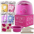 27-piece hair removal wax kit with wax warmer, four coloured wax beads, and applicator sticks.
