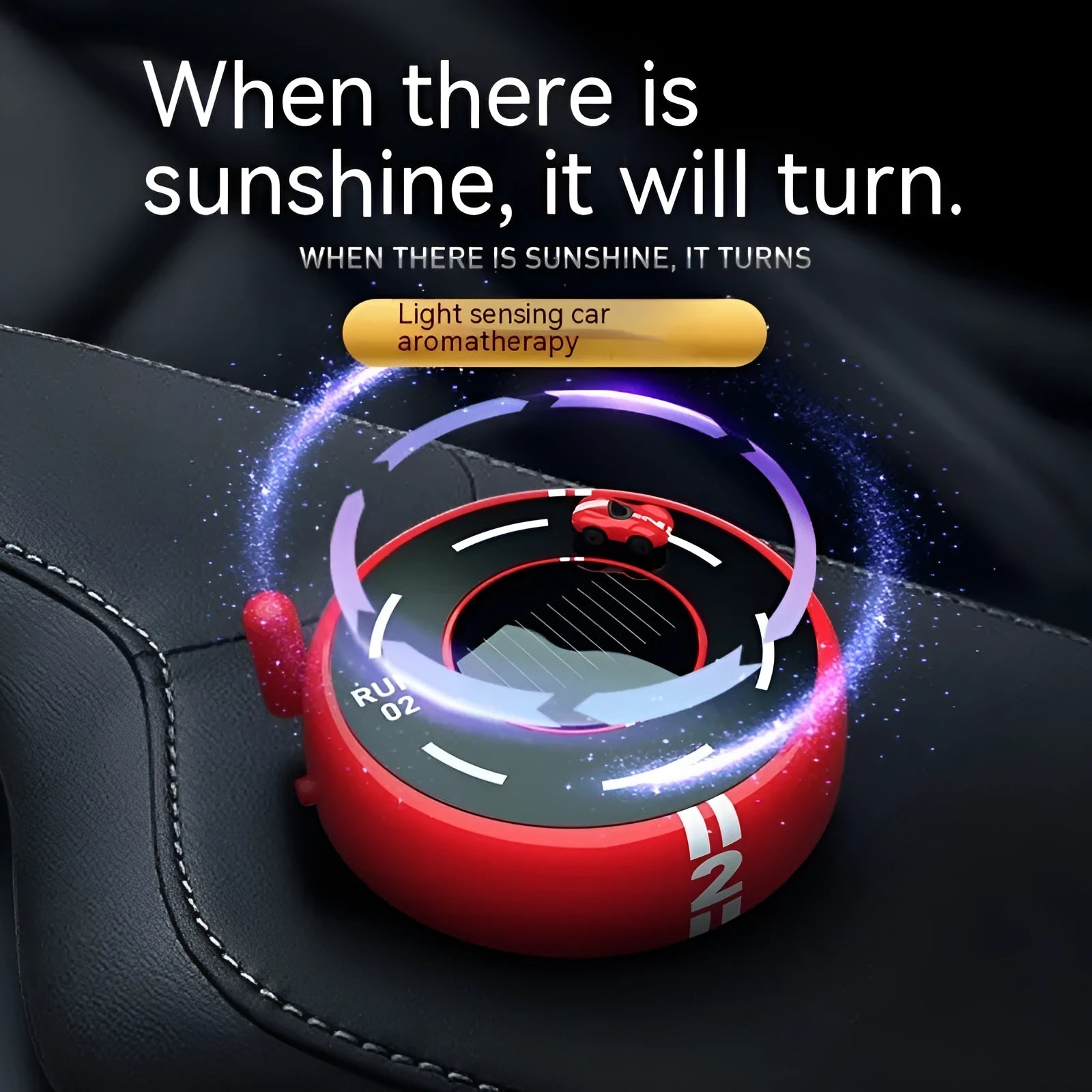 Round solar-powered car aromatherapy decoration with ambient light in black, red, or white colours