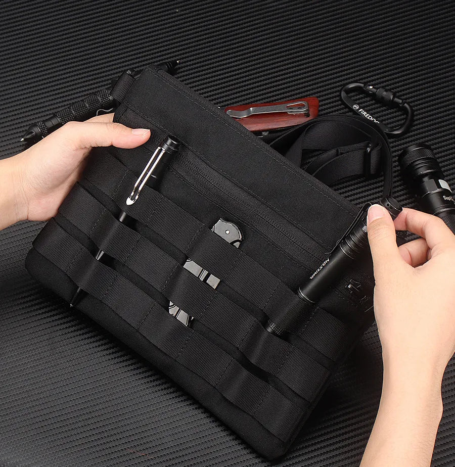 Black Oxford cloth outdoor pouch measuring 18cm long with wear-resistant texture for military and hiking gear