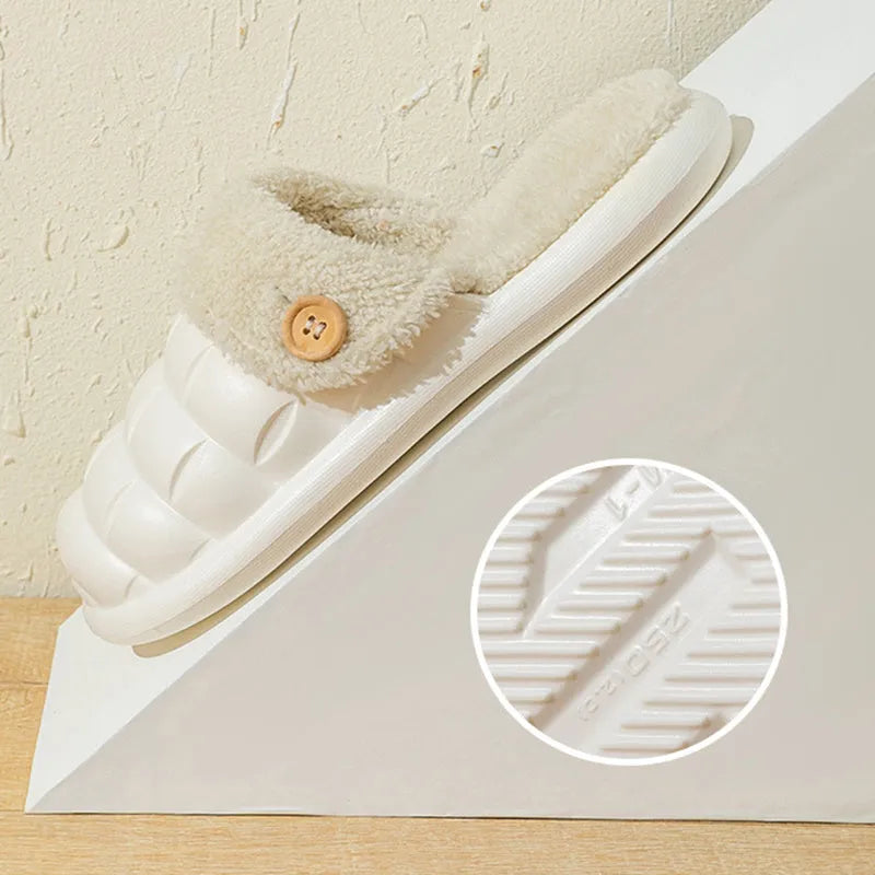 Plaid detachable EVA house slippers for women with plush lining, shown in pink.