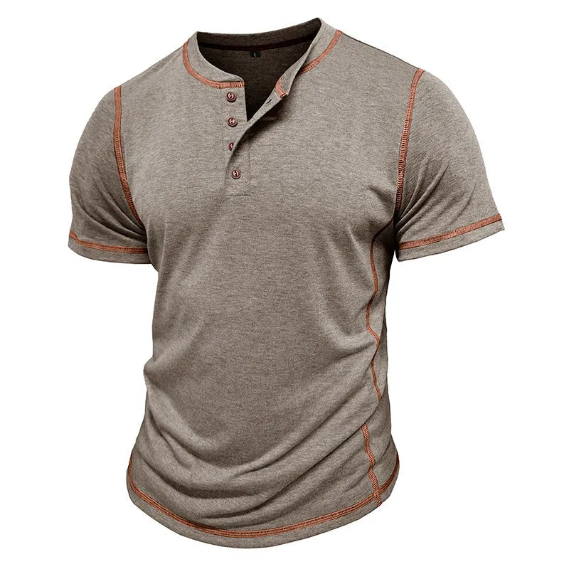 Men's short sleeve Henley shirt in solid colour, slim-fit cotton blend, round neck pullover style