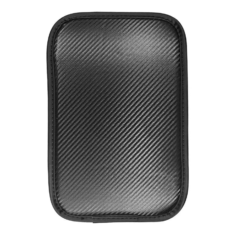 Leather car armrest box mat in black, shown on a car centre console.