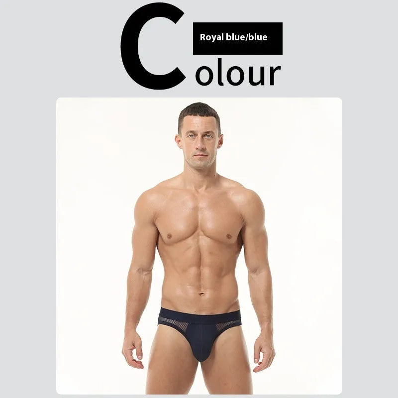Men's solid colour low waist briefs in nylon mesh fabric on a white background.