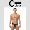 Men's solid colour low waist briefs in nylon mesh fabric on a white background.