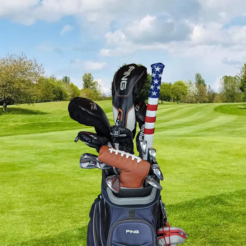 Black PU leather golf push rod sleeve for storing club head covers.