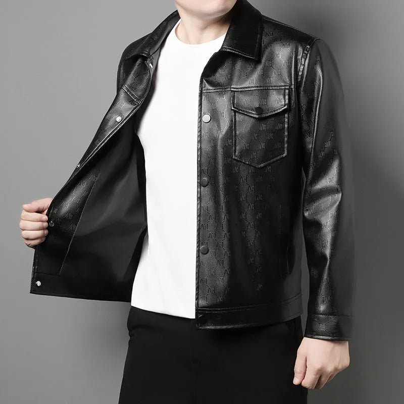 Men's slim fit printed synthetic leather jacket with lapel collar, straight hem, and top stitch patch pocket in black or light grey