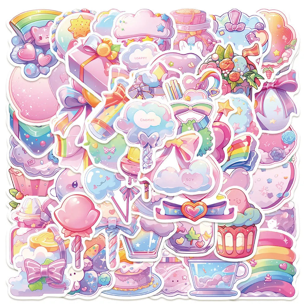 Pack of fresh candy-coloured decorative stickers with small object designs, scale showing 4-7 cm size.