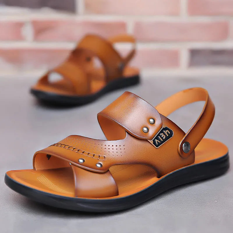 Men's genuine cowhide leather slippers in black with non-slip polyurethane sole