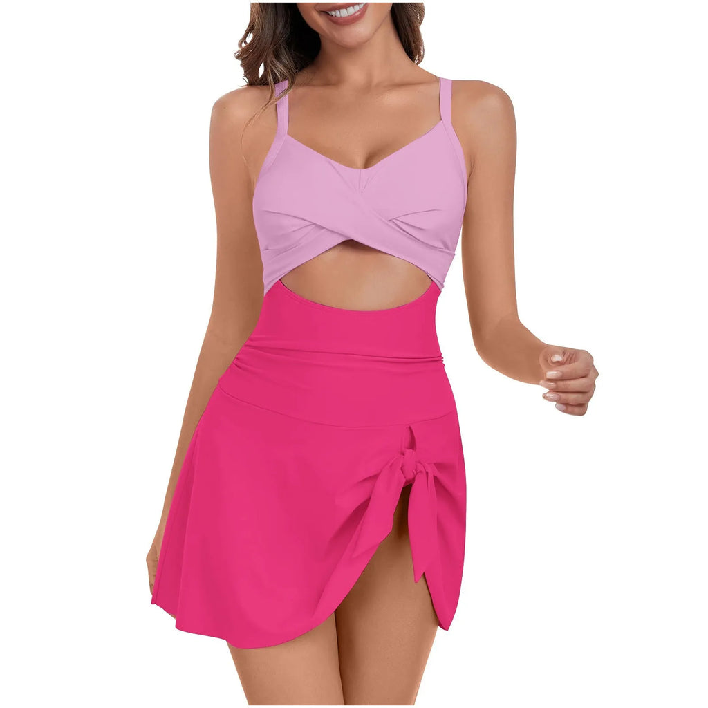 Women's strapped one-piece swimsuit in striped grey-blue, shown in size L on a mannequin