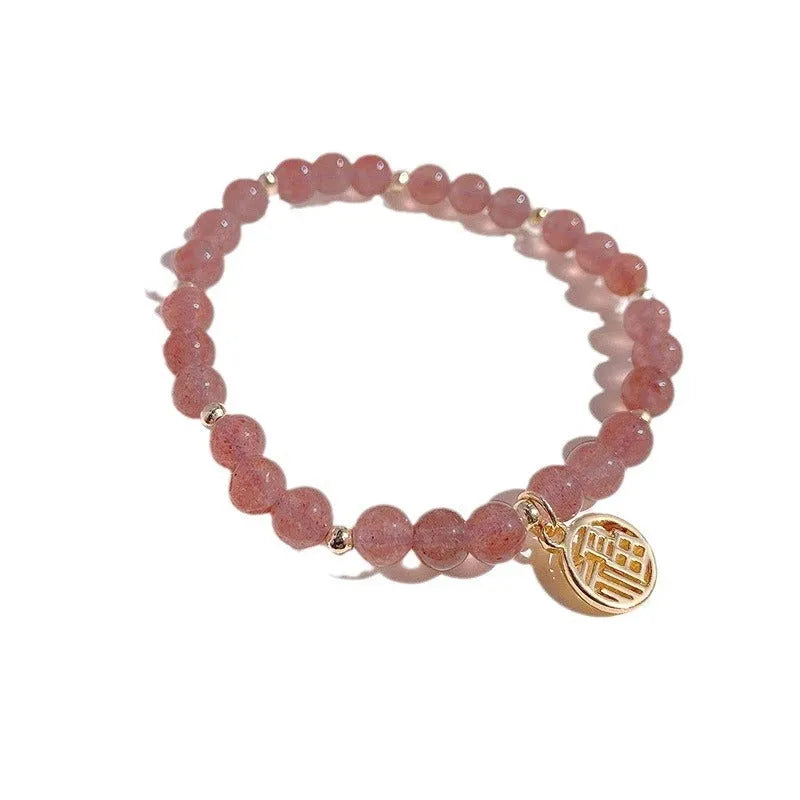 Strawberry quartz blessing card bracelet with clear glass and red gemstones