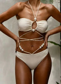 Women's black lace-up front bikini swimsuit with separate bra and shorts