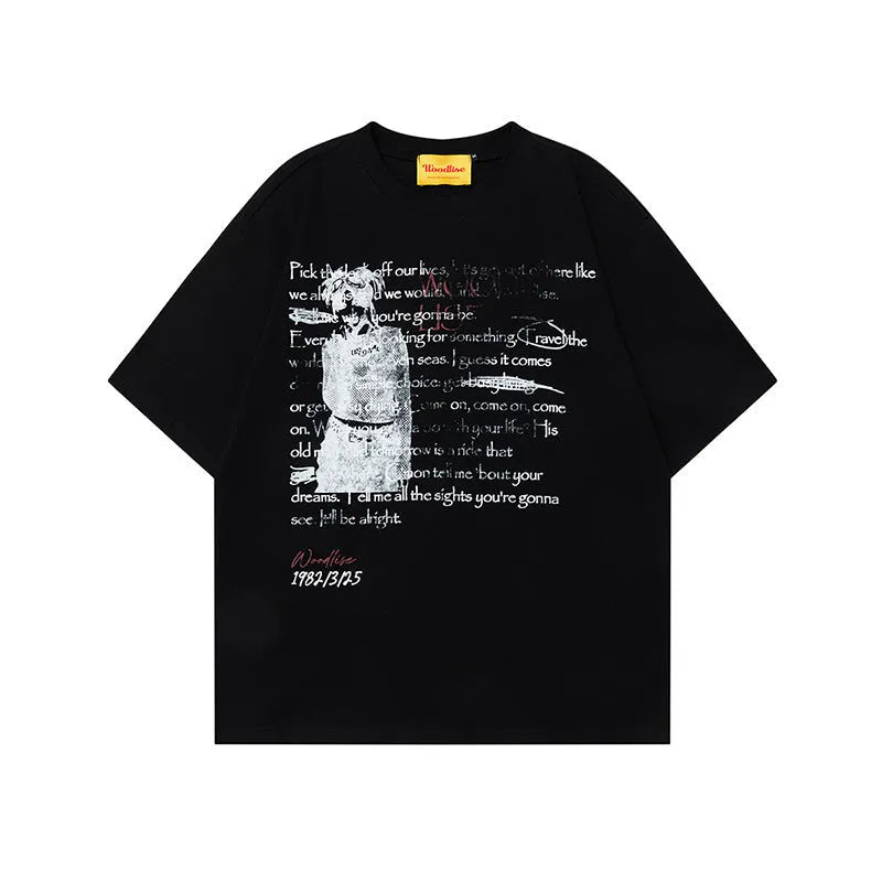 Men's black retro loose fit cotton t-shirt with white printed letters and raglan sleeves.