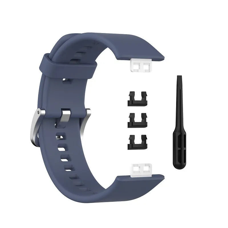 Huawei Watch Fit silicone replacement strap in black with stainless steel buckle and spare clips