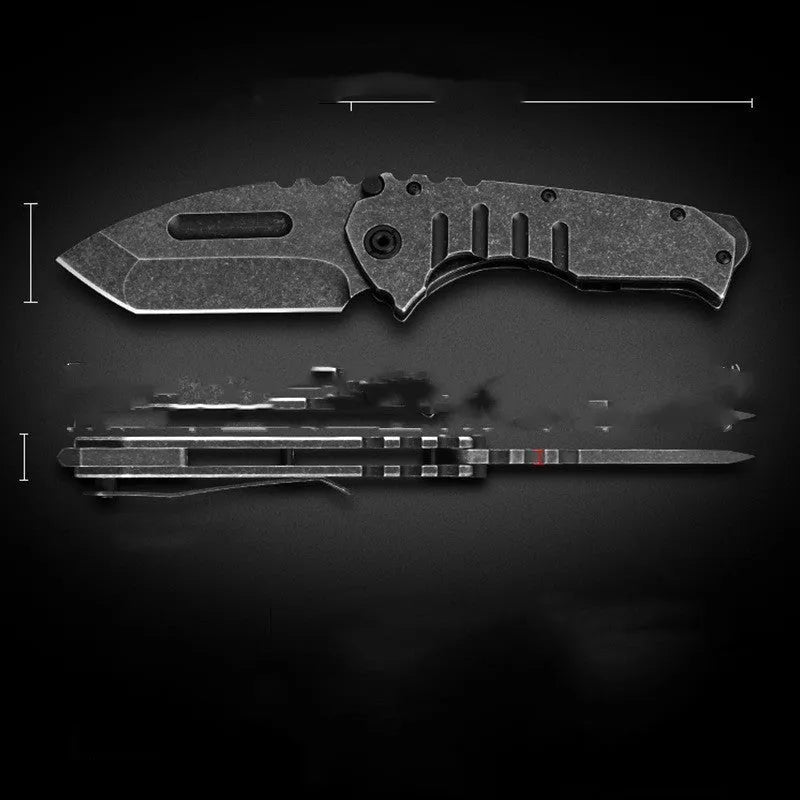 907 style outdoor folding knife with D2 steel blade, 9 cm blade, black handle, closed position on grey background