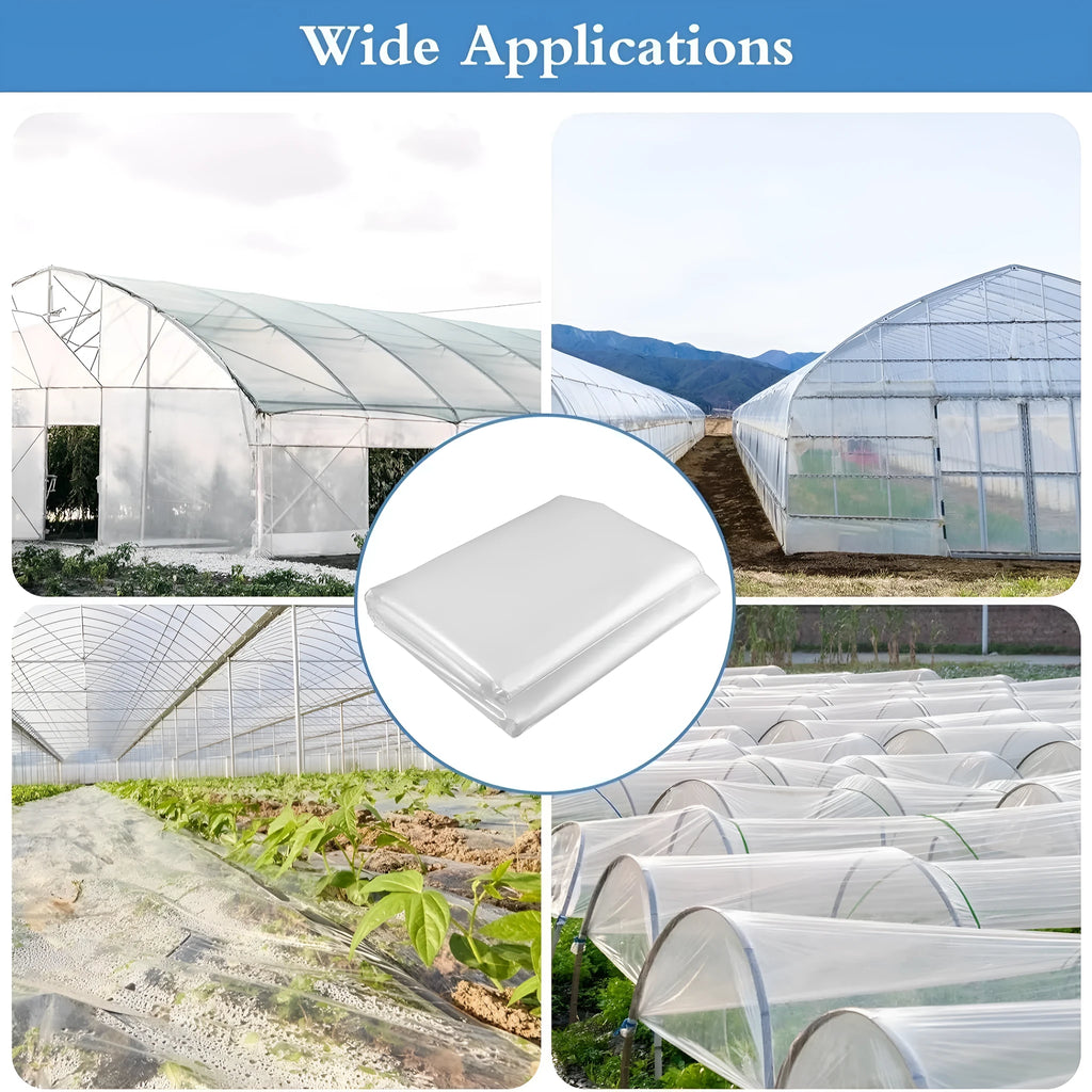 Roll of 4 metre wide, 8 metre long clear plastic greenhouse film for vegetable shed insulation.